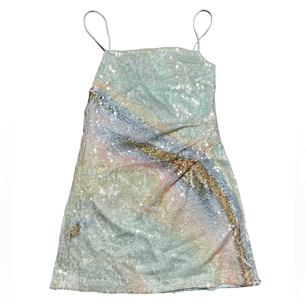 Jonathan Simkhai Sequin Slip Mini Dress in Mint with Gold Accents